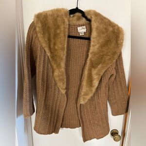 Tracy Reese Camel Cardigan with Plush Fur Collar